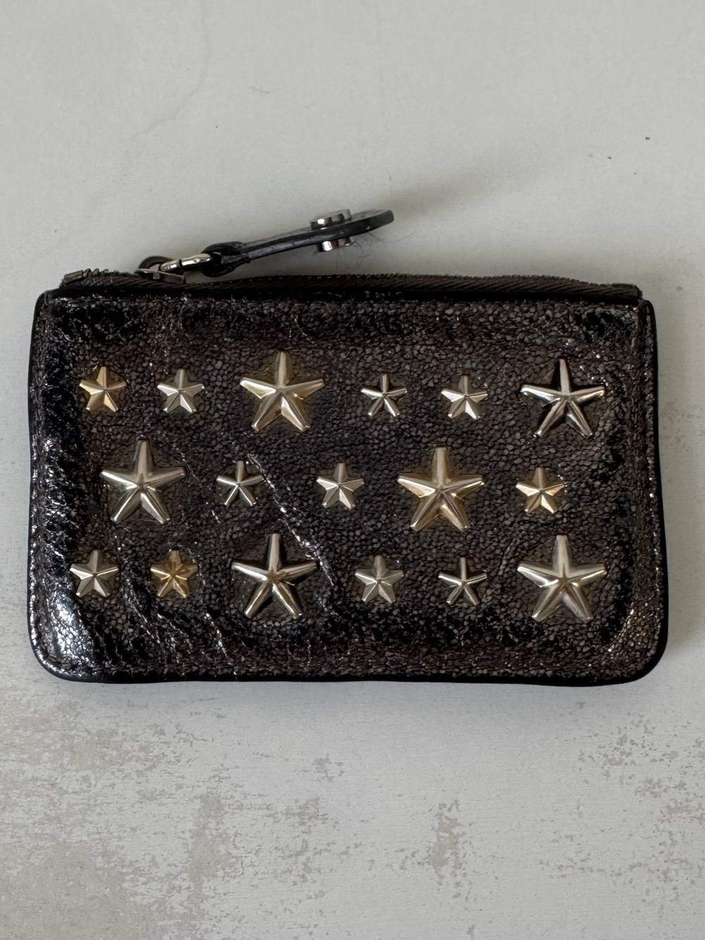 Jimmy Choo Star Graphite Metallic Mini Card Coin Key Wallet